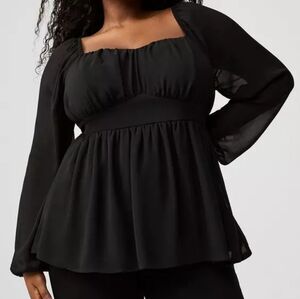Torrid Deep Black Peplum Chiffon Long Sleeve Smocked Back Blouse Size 1X